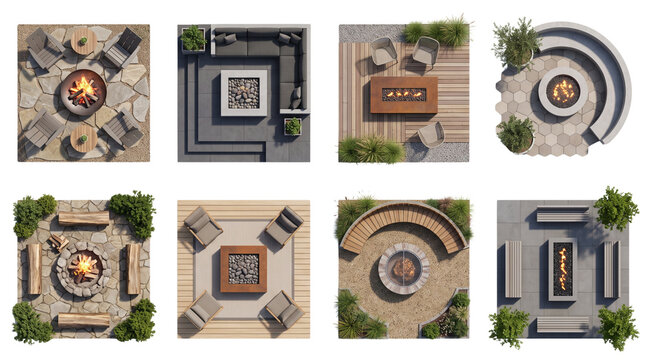 Top View Modern Outdoor Fire Pit Arrangement Collection isolated on white background