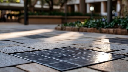 Fototapeta premium Solar panels embedded in stone pavement under warm sunlight casting shadows on urban walkway
