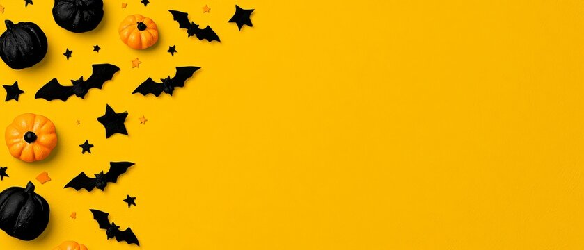 Vibrant halloween promotion banner featuring colorful pumpkins and bats on bright yellow background for festive sales advertising