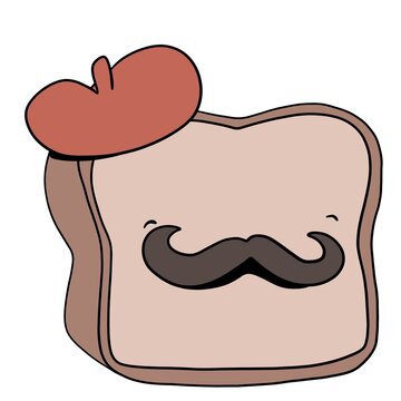 A cute piece of bread with a mustache and a beret, a French baguette.