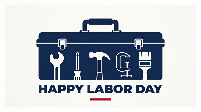 Happy labor day greeting card design featuring a blue metal toolbox with various construction tools inside