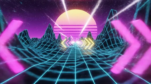 A fictional landscape with bright neon colors. A grid path runs through the scene. Mountains rise in the background under a large sun