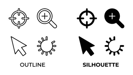 Fototapeta premium Cursor and Target Icons: A set of outline and silhouette icons representing a computer cursor, target, magnifying glass, and loading symbol, illustrating concepts of navigation, search, and progress.