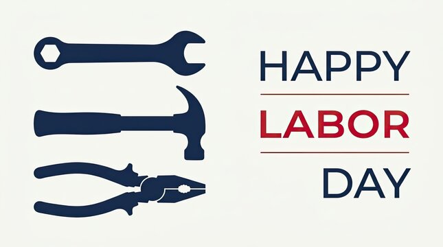Happy labor day greeting card design featuring various construction tools and industrial equipment icons on white background