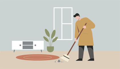 Fototapeta premium Person sweeping a dust pile from a rug in a living room with a houseplant and white sideboard for home maintenance illustration.