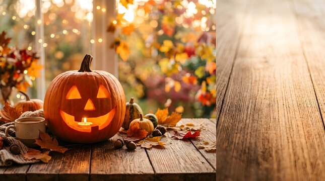 A glowing jack o lantern pumpkin sits on a rustic wooden table surrounded by colorful autumn leaves at sunset