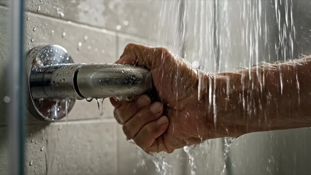 A hand approaches a metal rail in a shower. Water droplets cover the rail as light reflects off the wet surface. The setting is bright and clear, focusing on the interaction