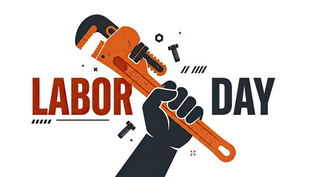 A hand holding a large pipe wrench representing hard work and industrial spirit for labor day celebration