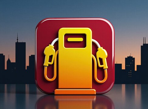 Modern gas station sign icon features yellow pump silhouette on red square background. Digital illustration shows service symbol against dark city skyline at night. Graphic design element represents
