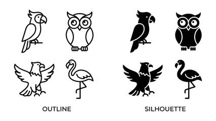 Fototapeta premium Set of Bird Icons: A collection of stylized bird icons, presented in both outline and silhouette formats, featuring a parrot, owl, eagle, and flamingo.