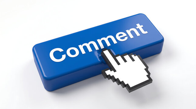 Blue 3D Comment Button with Pixelated Hand Cursor Pointer Isolated on White Background for Social Media Concept
