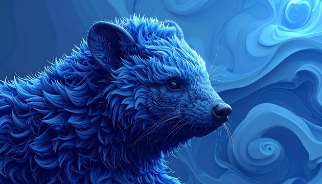 Side view of a mystical blue creature with textured fur set against a swirling blue backdrop creature textured artistic