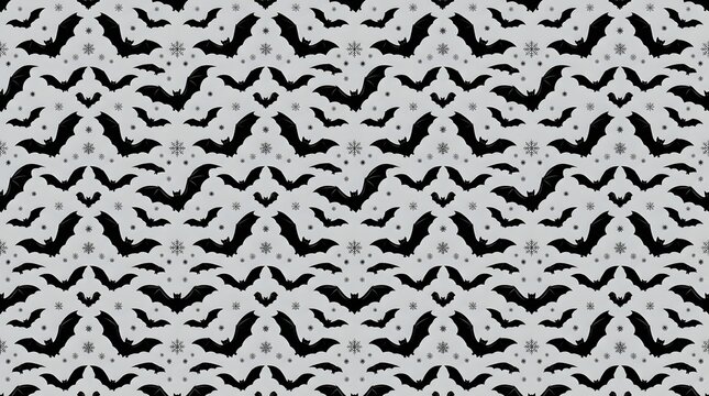 Seamless pattern with black bats and small stars on a light grey background
