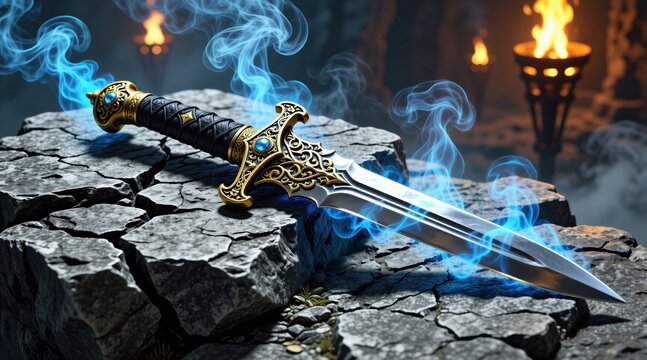 Ornate fantasy dagger rests on cracked stone surface. Sharp blade glows with blue magic smoke. Burning torches light up dark cave background. Decorative metal weapon features gold engraving, gem