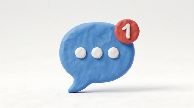 Claymation Style Blue Speech Bubble Chat Icon with One Notification Badge Isolated on White Background for Social Media Concept