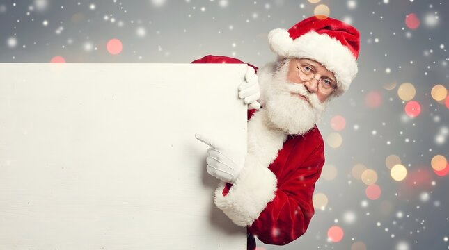 Cheerful santa claus peeking from behind a large blank white sign with festive bokeh lights and falling snow background,Merry Christmas 