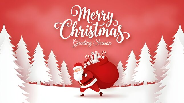 Merry christmas greeting card design with santa claus carrying a large red sack in a snowy winter forest landscape