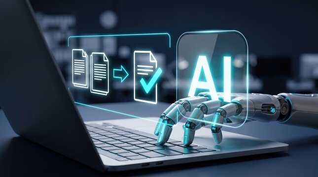 Artificial intelligence robotic hand typing on laptop, AI document processing and data automation, futuristic digital workspace