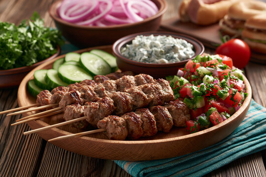 Grilled skewers with fresh sides & dips