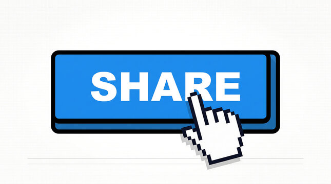 Blue Share Button with Pixel Hand Cursor Pointer Isolated on White Background for Social Media Concept