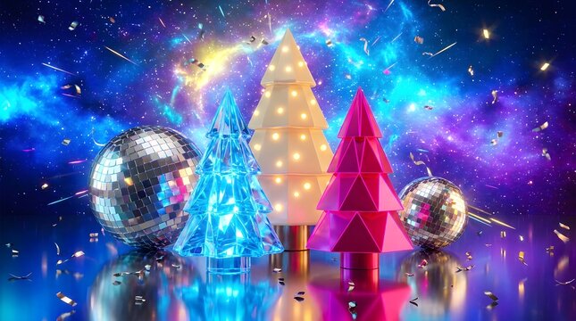 Merry Christmas  ,Festive holiday display featuring miniature colorful christmas trees and shiny disco balls against a vibrant glowing blue nebula background