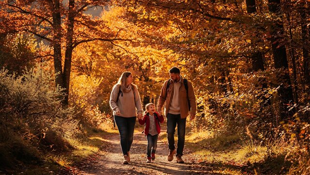 Happy family walking together on a forest path during autumn.
