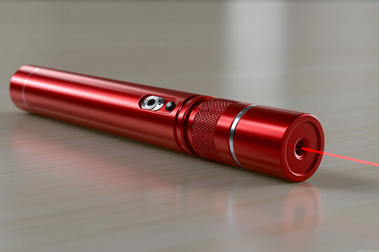 Red laser pointer on a wooden table