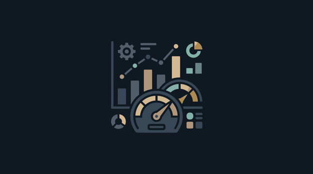 Dark data dashboard elements with speedometer and charts.