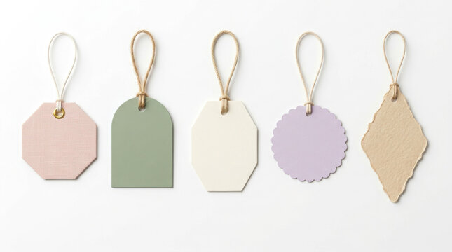 Set of five blank pastel colored paper gift tags with string loops on generated using ai