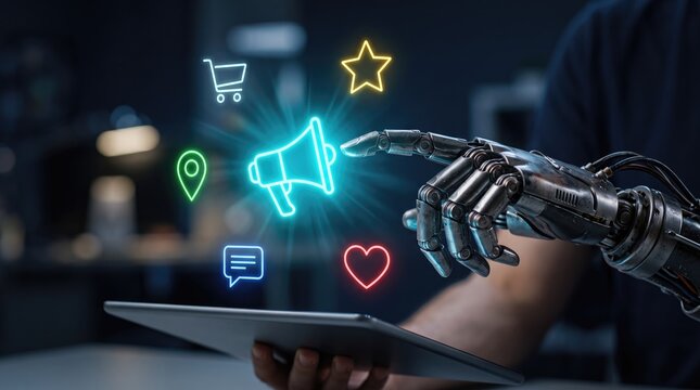 Robotic hand touching digital marketing icons on tablet. Artificial intelligence automation for social media and online advertising strategy.