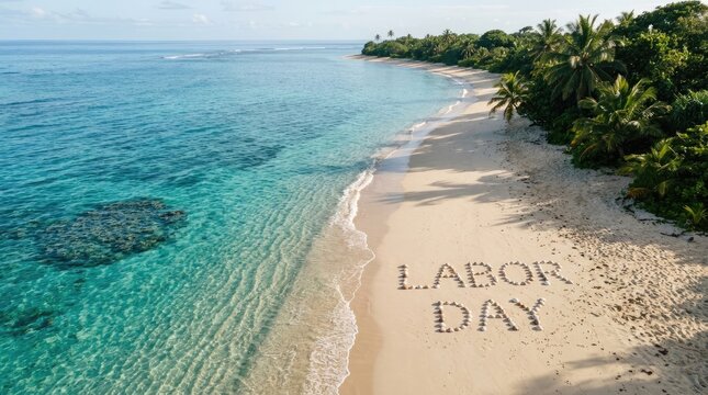 Beautiful tropical beach landscape with the words labor day written in the sand during a sunny summer holiday