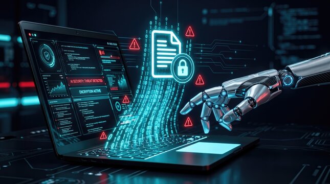 Cybersecurity AI robot hand protecting laptop data, digital encryption and network security concept, futuristic robotic arm with glowing lock icon