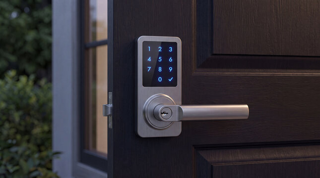 Modern electronic door lock with illuminated keypad installed on a dark wooden door, partially open to reveal a glimpse of the exterior