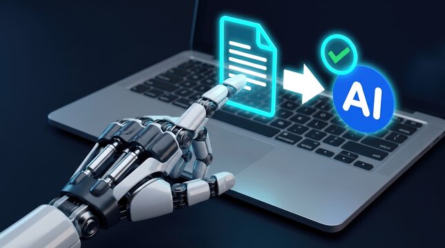 Robotic hand interacting with AI document processing on laptop, artificial intelligence data automation, futuristic digital workflow