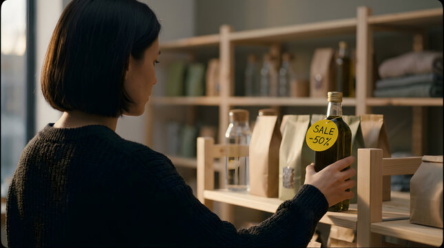 Woman examining a bottle of olive oil with a 50 percent off sale tag in a store