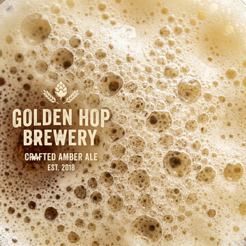 Close-up macro shot of beer foam with brewery logo beverage refreshment carbonation close-up abstract background detailed advertising