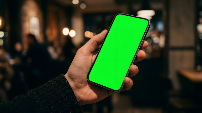 Person holding a modern smartphone with a vibrant green screen in a dimly lit indoor environment with bokeh background lights
