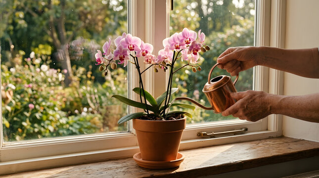 Person watering pink orchid flowers on a windowsill with a copper watering can, garden view outside