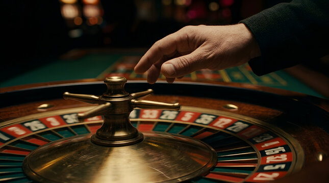 Close up of a hand hovering over a spinning roulette wheel in a casino, with blurred lights in the background