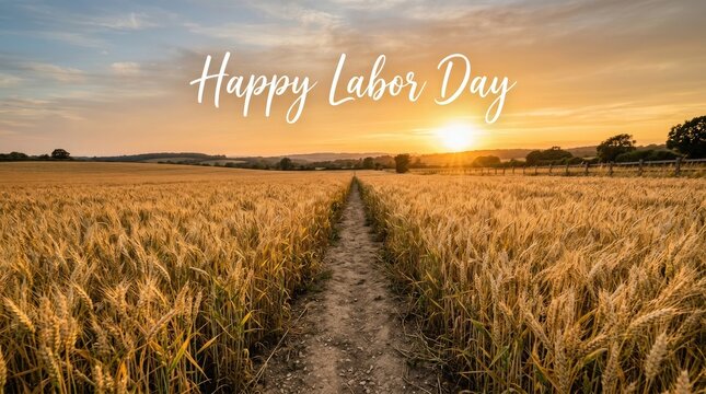 A beautiful golden wheat field at sunset with the text happy labor day written in elegant white script