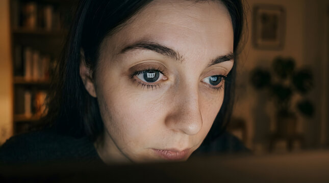 Close up of a woman's face intently focused on a computer screen with reflections in her eyes