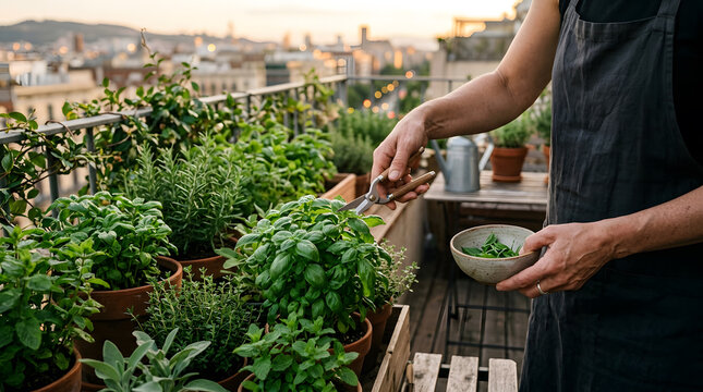 Person harvesting fresh basil from a rooftop garden overlooking a city skyline at sunset