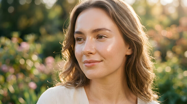 Young Woman With Radiant Skin Smiling Gently Outdoors In Soft Sunlight With Blurred Greenery Background