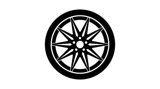 Minimalist black and white vector illustration of a 10-spoke star car wheel and tire silhouette. Ideal for automotive icons and logos.