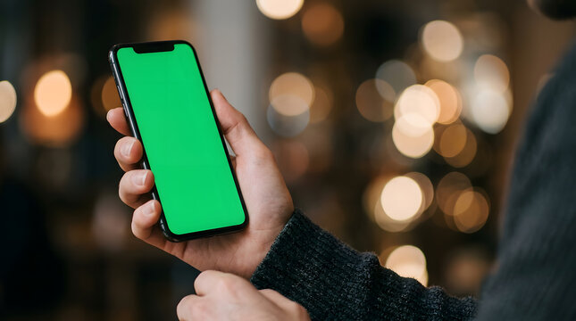 Person holding a smartphone with a green screen in a dimly lit environment with bokeh lights