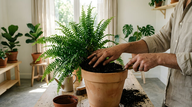 Man repotting a lush green fern plant into a large terracotta pot with fresh soil and gardening tools on a wooden table