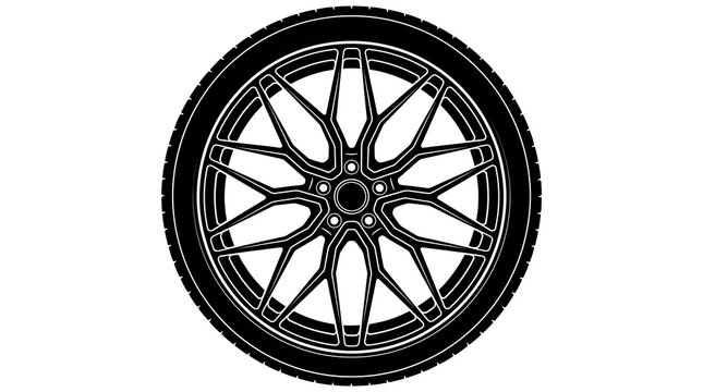 Black and white vector silhouette of a modern y-spoke car alloy wheel and tire. Isolated on white background, perfect for automotive design.