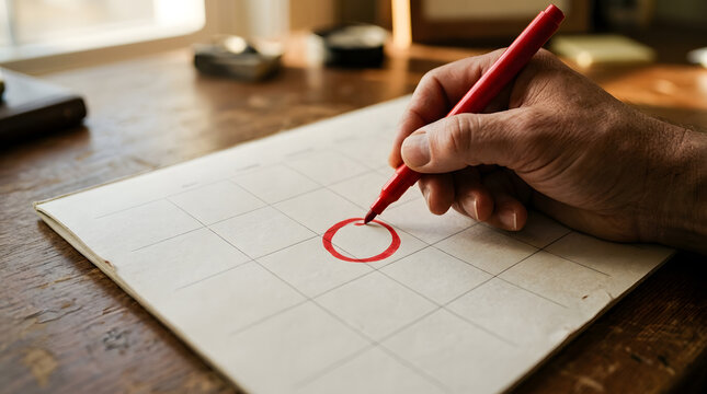 Close up of a hand marking a date on a calendar with a red marker pen, planning and organization concept