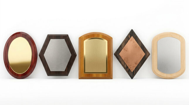 Five decorative wall plaques with various shapes and arranged on generated using ai