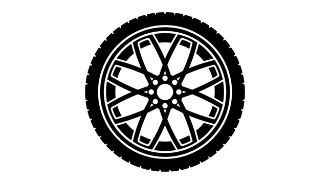 Detailed vector silhouette of a mesh-style crossing spoke car wheel and tire. Black and white flat icon for sports car and tuning aesthetics.